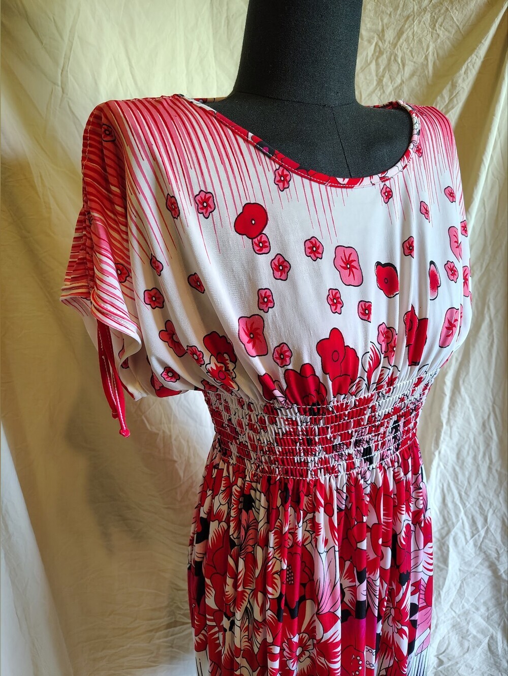 FC Factory Connection Floral Red & Pink Smock Waist Sundress Drawstring Sleeves - Picture 6 of 10